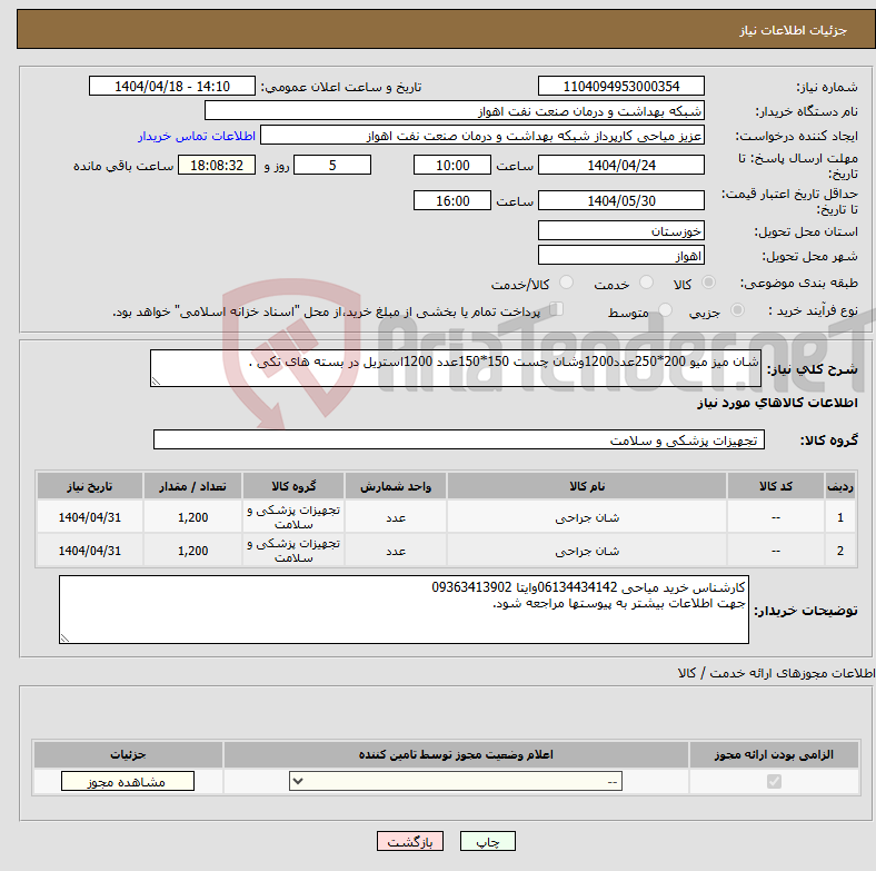 تصویر کوچک آگهی نیاز انتخاب تامین کننده-شان میز میو 200*250عدد1200وشان چست 150*150عدد 1200استریل در بسته های تکی .