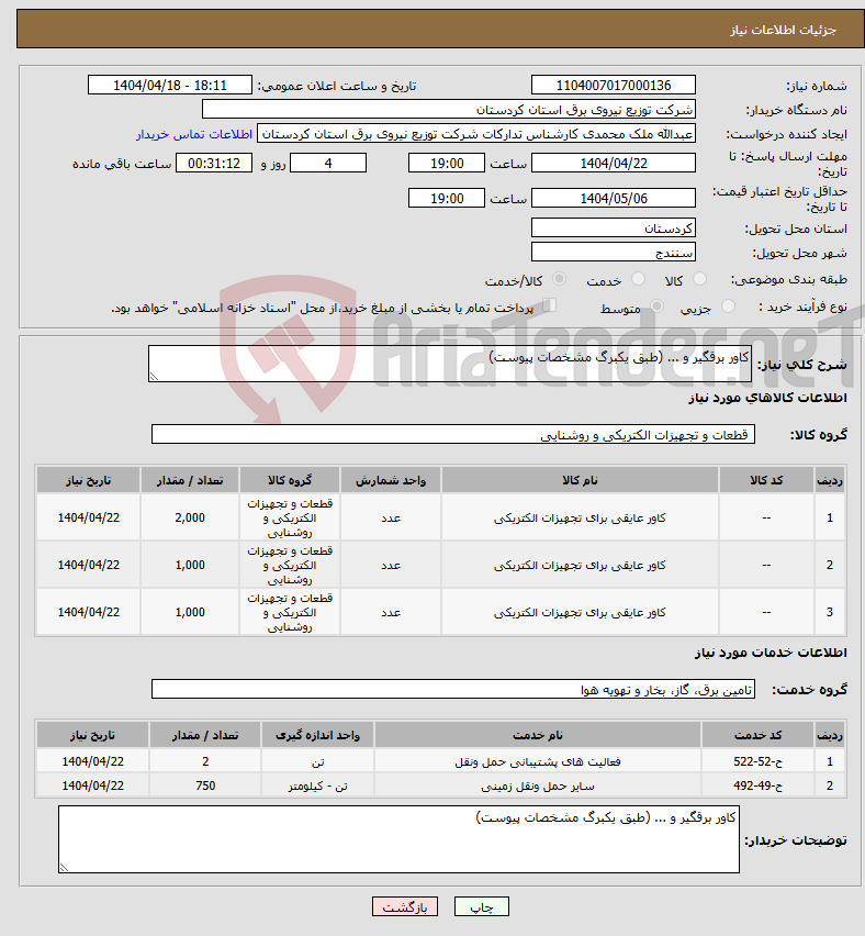 تصویر کوچک آگهی نیاز انتخاب تامین کننده-کاور برقگیر و ... (طبق یکبرگ مشخصات پیوست)