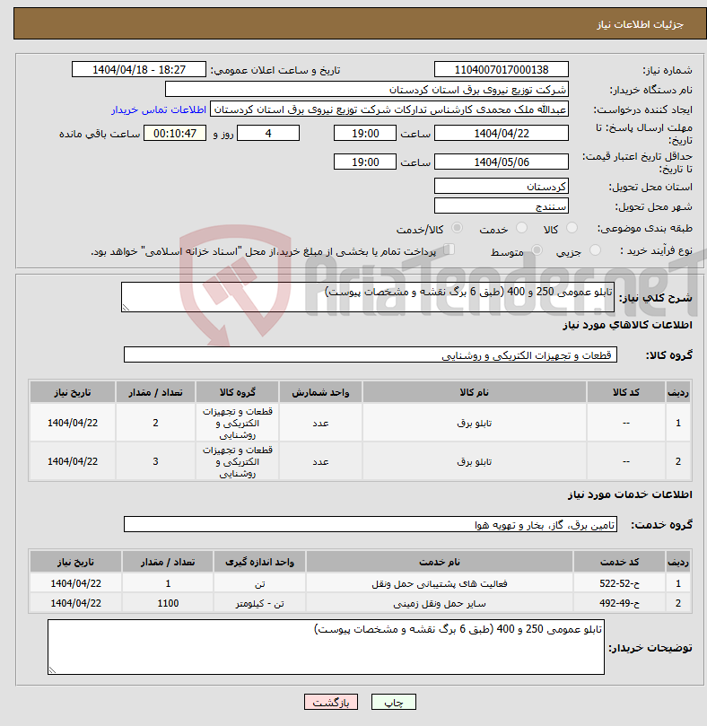 تصویر کوچک آگهی نیاز انتخاب تامین کننده-تابلو عمومی 250 و 400 (طبق 6 برگ نقشه و مشخصات پیوست) 
