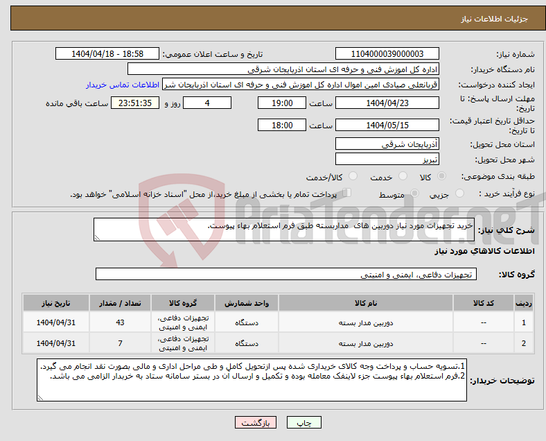 تصویر کوچک آگهی نیاز انتخاب تامین کننده-خرید تجهیزات مورد نیاز دوربین های مداربسته طبق فرم استعلام بهاء پیوست.