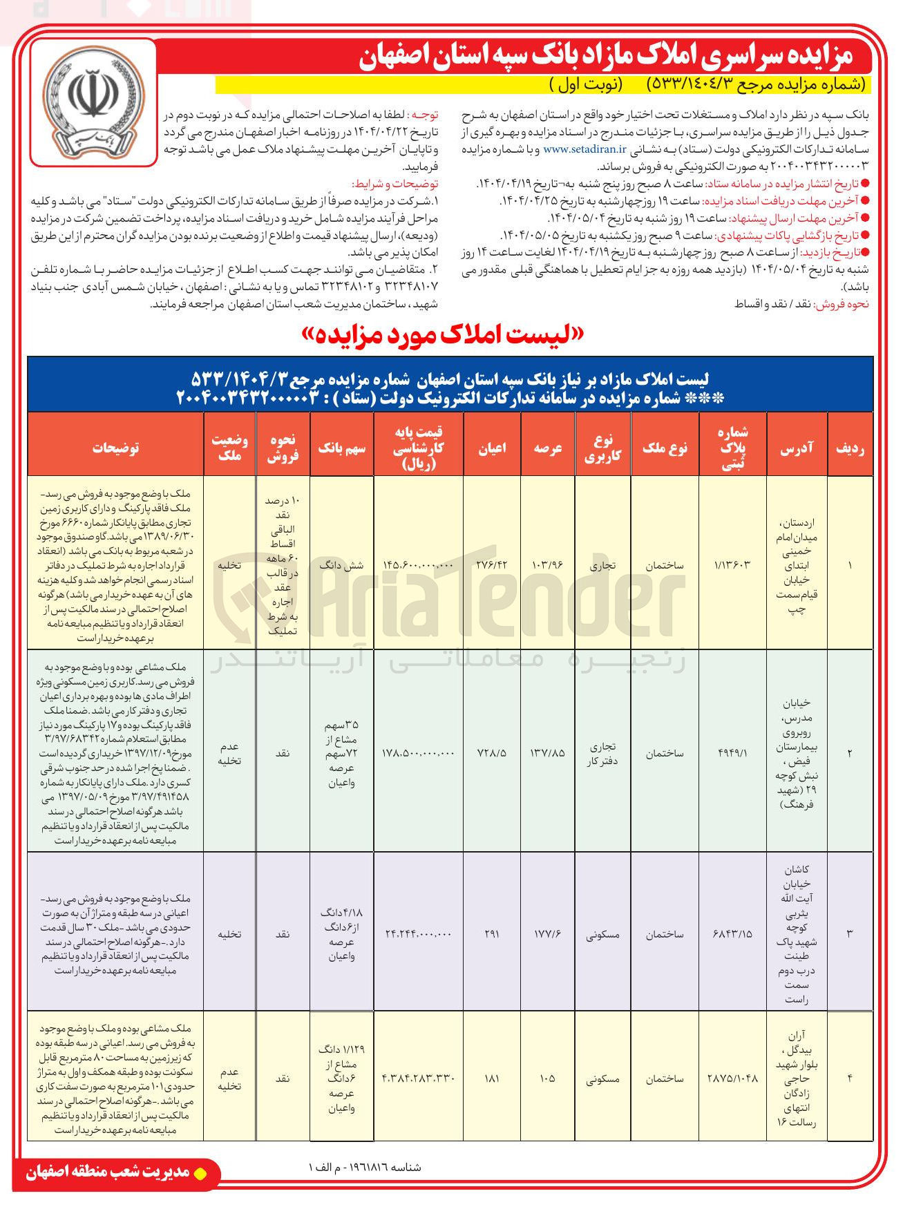 تصویر کوچک آگهی فروش املاک مازاد در ۴ ردیف با کاربری تجاری و مسکونی