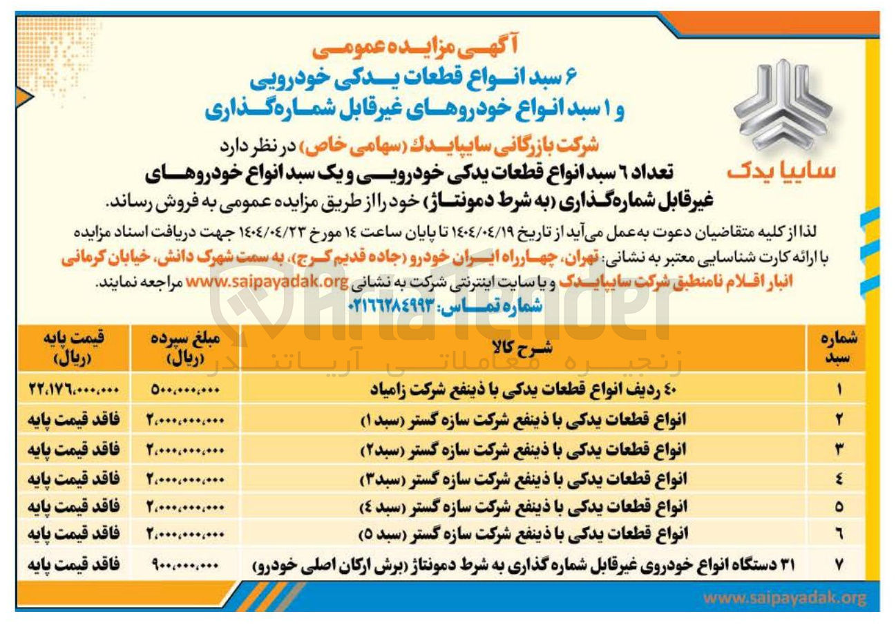 تصویر کوچک آگهی فروش  ۶ سبد انواع قطعات یدکی خودرویی و ۱ سبد انواع خودروهای غیر قابل شماره گذاری 