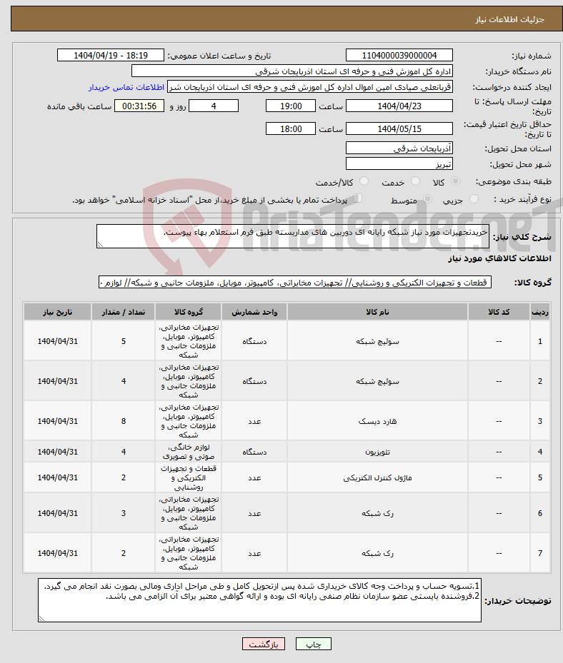 تصویر کوچک آگهی نیاز انتخاب تامین کننده-خریدتجهیزات مورد نیاز شبکه رایانه ای دوربین های مداربسته طبق فرم استعلام بهاء پیوست.