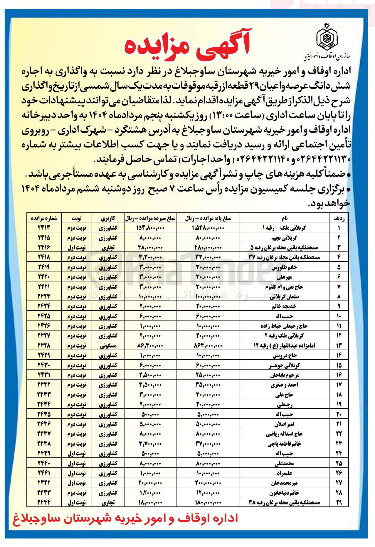 تصویر کوچک آگهی واگذاری به اجاره شش دانگ عرصه و اعیان ۲۹ قطعه از رقبه موقوفات با کاربری تجاری و کشاورزی و مسکونی