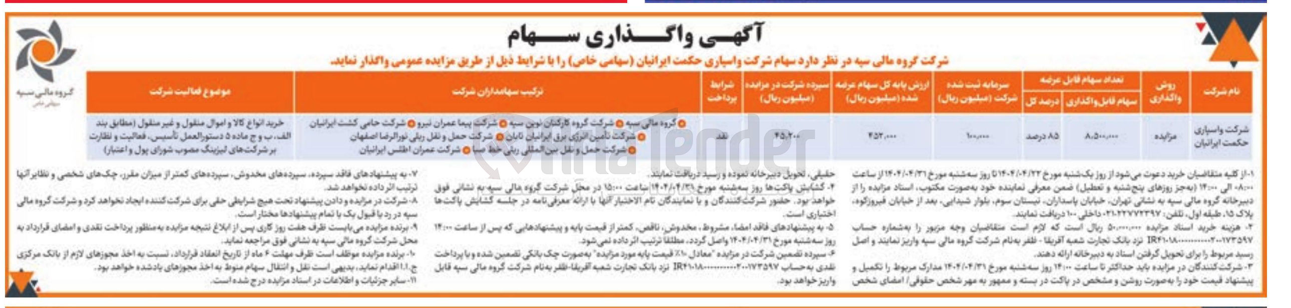 تصویر کوچک آگهی فروش سهام شرکت واسپاری حکمت ایرانیان