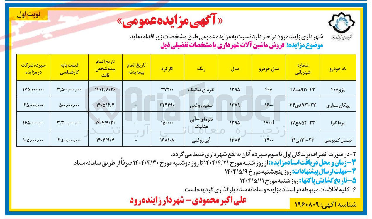 تصویر کوچک آگهی فروش ماشین آلات در 4 ردیف (پژو 405 - پیکان سواری - مزدا کارا - نیسان کمپرسی)
