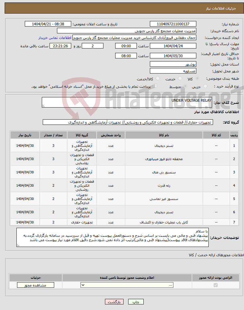 تصویر کوچک آگهی نیاز انتخاب تامین کننده-UNDER VOLTAGE RELAY