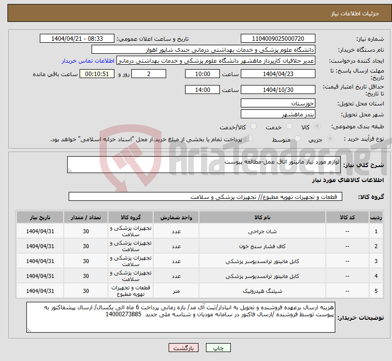 تصویر کوچک آگهی نیاز انتخاب تامین کننده-لوازم مورد نیاز مانیتور اتاق عمل-مطالعه پیوست