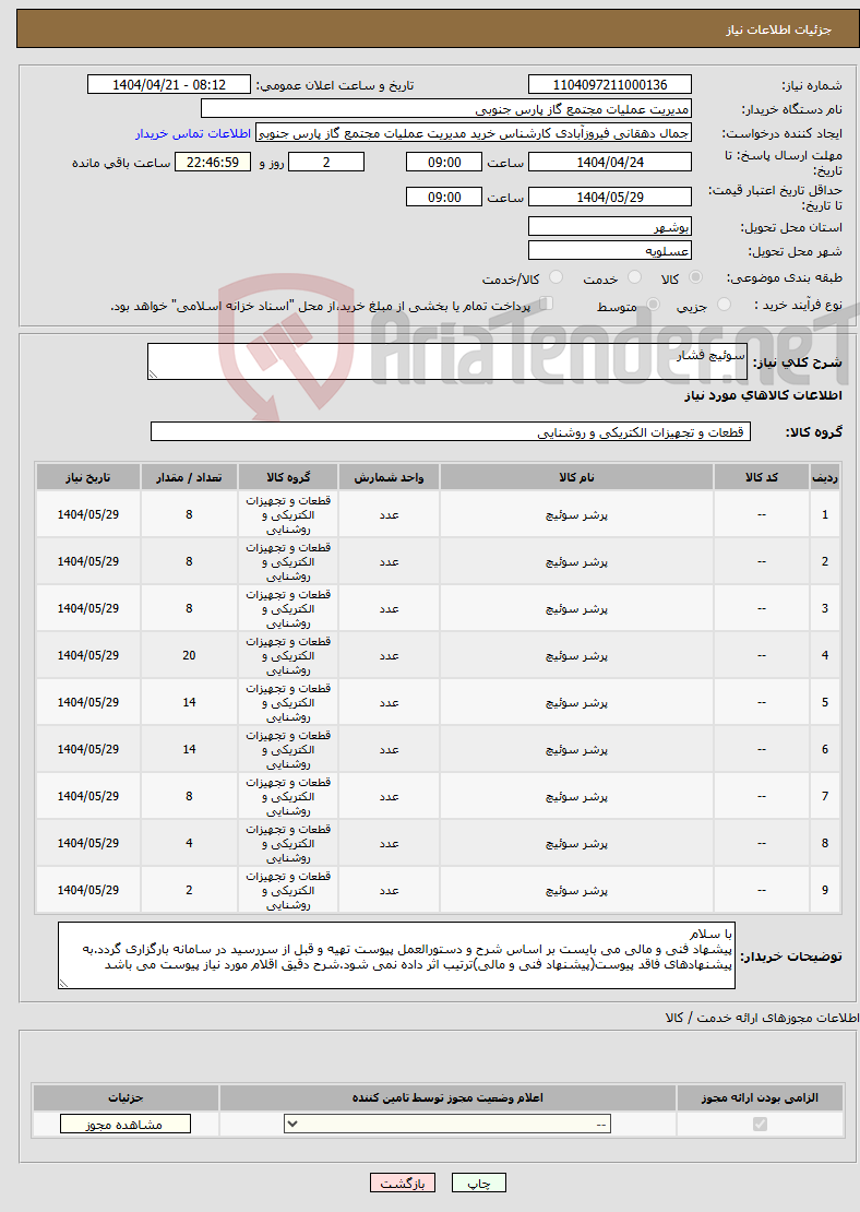 تصویر کوچک آگهی نیاز انتخاب تامین کننده-سوئیچ فشار 