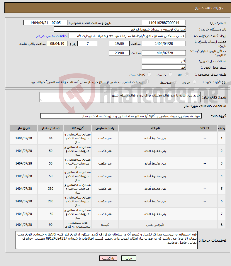 تصویر کوچک آگهی نیاز انتخاب تامین کننده-خرید بتن آماده با رده های مختلف برای پروژه های سطح شهر