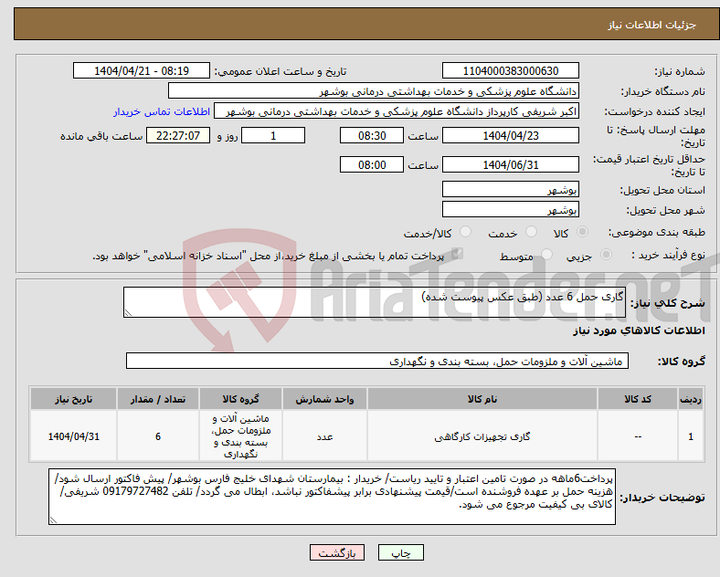 تصویر کوچک آگهی نیاز انتخاب تامین کننده-گاری حمل 6 عدد (طبق عکس پیوست شده)