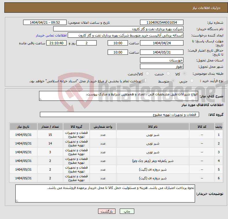 تصویر کوچک آگهی نیاز انتخاب تامین کننده-انواع شیرآلات طبق مشخصات فنی ، تعداد و همچمین شرایط و مدارک پیوست.