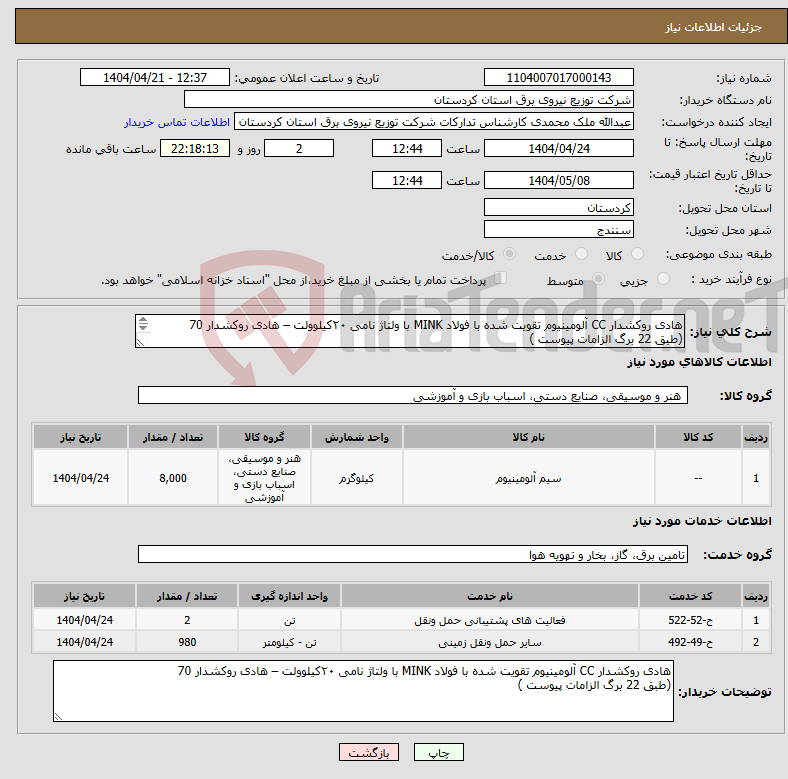 تصویر کوچک آگهی نیاز انتخاب تامین کننده-هادی روکشدار CC آلومینیوم تقویت شده با فولاد MINK با ولتاژ نامی ۲۰کیلوولت – هادی روکشدار 70 (طبق 22 برگ الزامات پیوست ) 