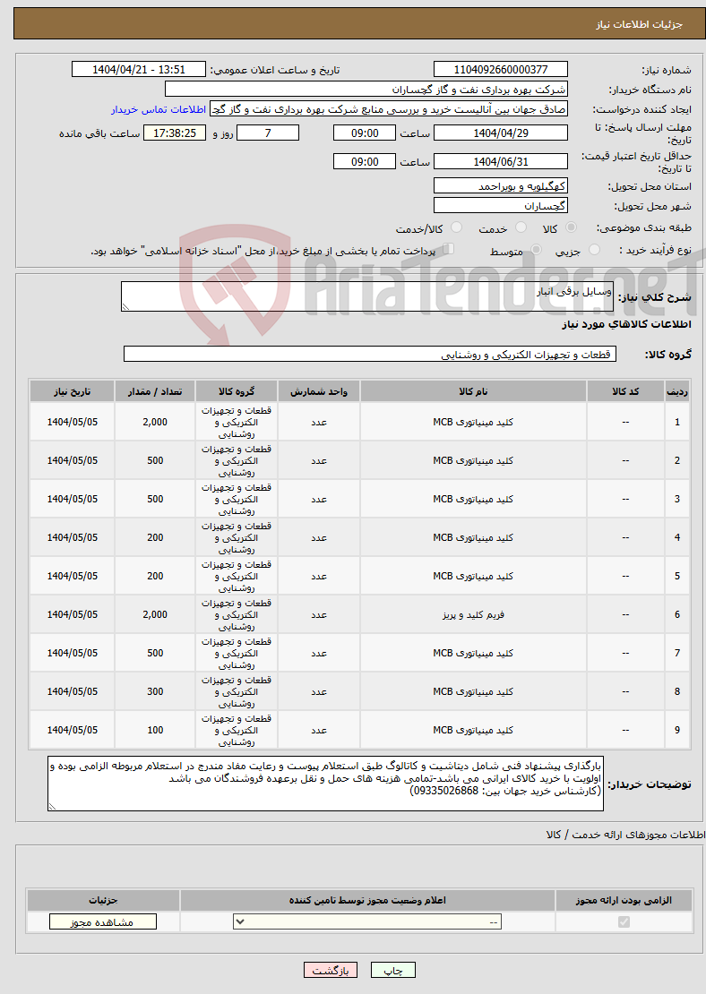 تصویر کوچک آگهی نیاز انتخاب تامین کننده-وسایل برقی انبار