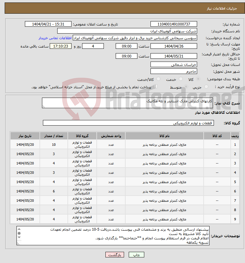 تصویر کوچک آگهی نیاز انتخاب تامین کننده-کارتهای کنترلی مارک اشنایدر و تله مکانیک