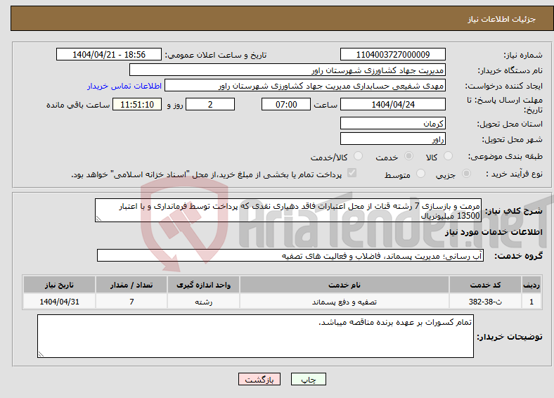 تصویر کوچک آگهی نیاز انتخاب تامین کننده-مرمت و بازسازی 7 رشته قنات از محل اعتبارات فاقد دهیاری نقدی که پرداخت توسط فرمانداری و با اعتبار 13500 میلیونریال