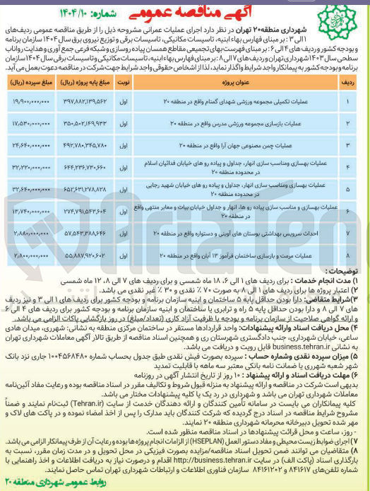 تصویر کوچک آگهی عملیات بهسازی و مناسب سازی پیاده رو ها، انهار و جداول