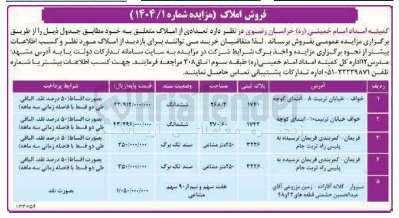 تصویر کوچک آگهی فروش تعدادی از املاک در 5 ردیف با کاربری مختلف