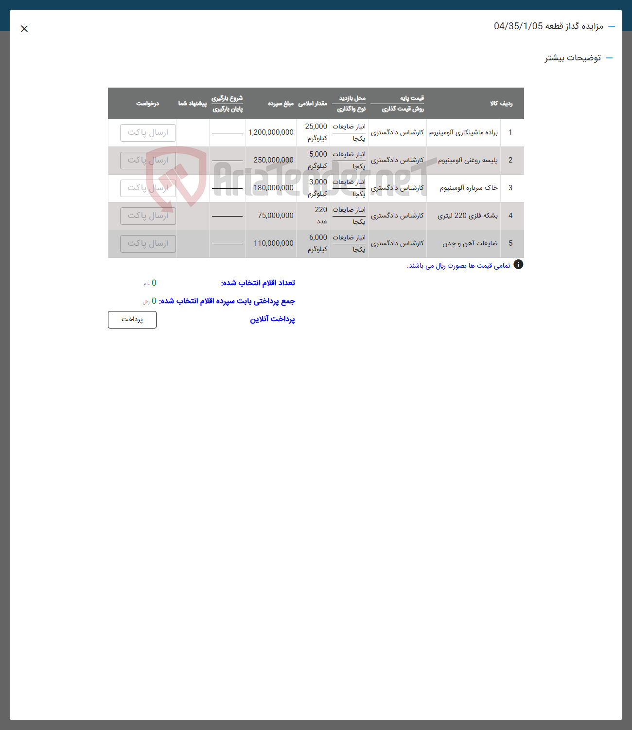 تصویر کوچک آگهی فروش اقلام در 5 ردیف شامل:براده ماشینی -بشکه فلزی -خاک سرباره -ضایعات آهن- پلیسه روغنی