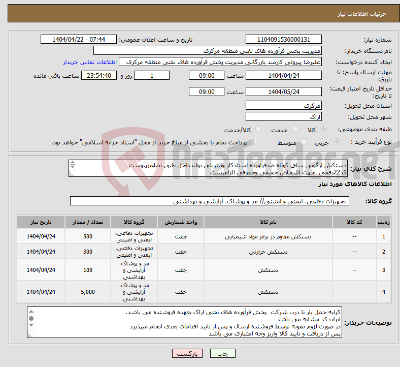 تصویر کوچک آگهی نیاز انتخاب تامین کننده-دستکش ارگونی ساق کوتاه ضدفراورده استادکار ونیتریلی تولیدداخل طبق تصاویرپیوست کد22رقمی جهت اشخاص حقیقی وحقوقی الزامیست مهلت تامین سه روزه است