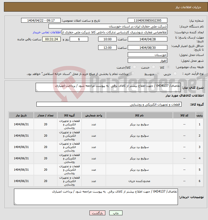 تصویر کوچک آگهی نیاز انتخاب تامین کننده-تقاضای/ 0434137 / جهت اطلاع بیشتر از کالای برقی به پیوست مراجعه شود / پرداخت اعتباری
