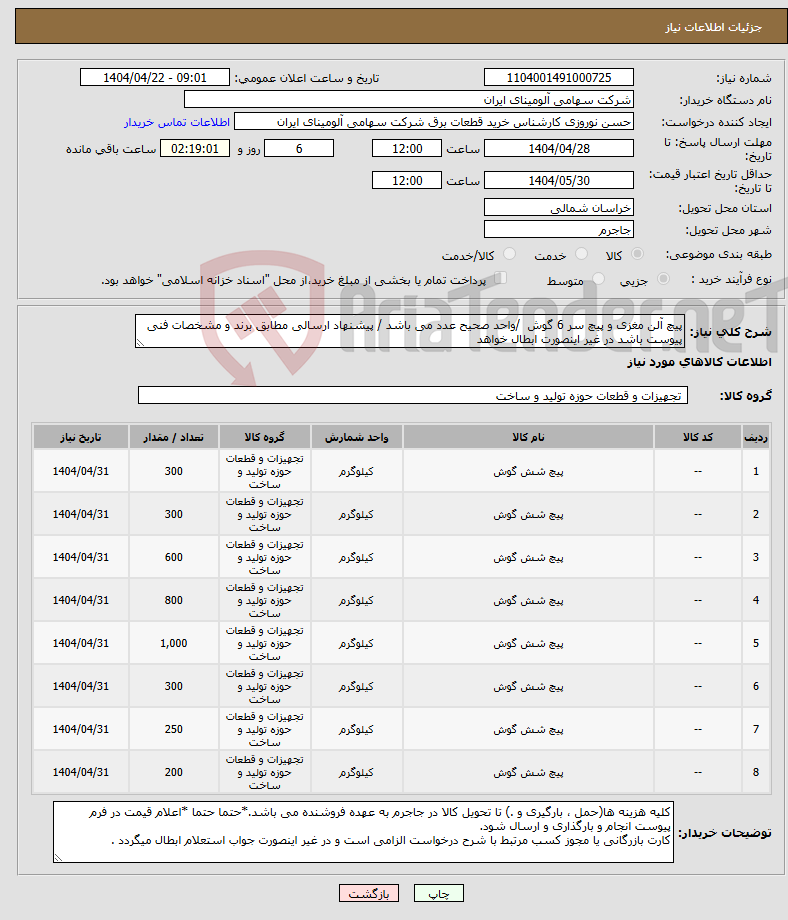 تصویر کوچک آگهی نیاز انتخاب تامین کننده-پیچ ‎آلن مغزی‏ و پیچ ‎سر 6 گوش‏ /واحد صحیح عدد می باشد / پیشنهاد ارسالی مطابق برند و مشخصات فنی پیوست باشد در غیر اینصورت ابطال خواهد 