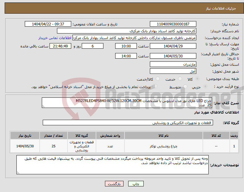 تصویر کوچک آگهی نیاز انتخاب تامین کننده-چراغ LED مازی نور مدل لدیلوس با مشخصات M527RLED4PS840-W/52W.120CM.30CM 25 عدد