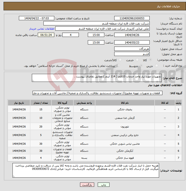 تصویر کوچک آگهی نیاز انتخاب تامین کننده-تجهیزات مورد نیاز واحد خدمات 10قلم ( 114 آیتم ) مطابق تقاضای پیوست . 