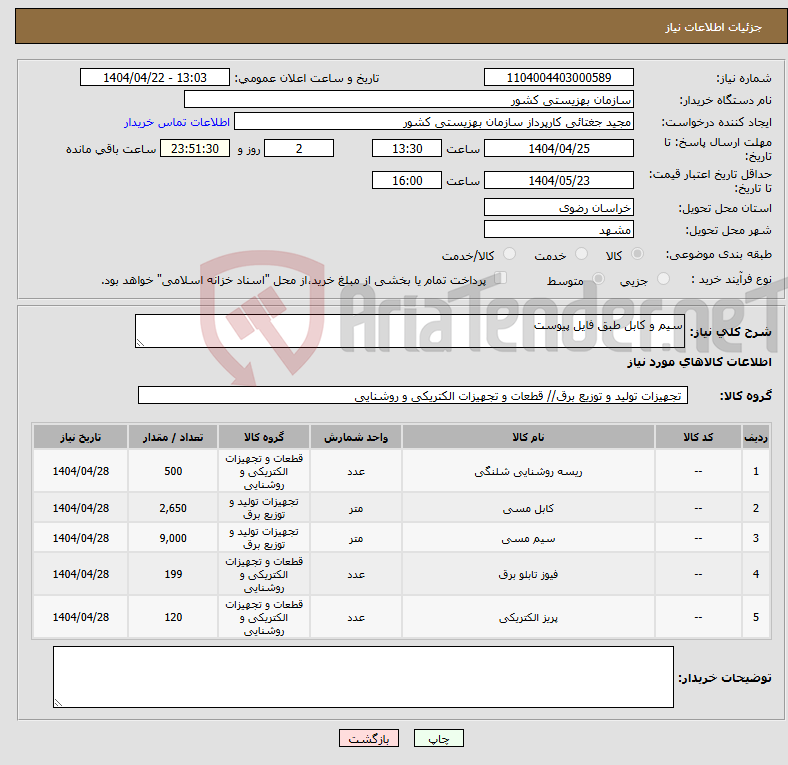 تصویر کوچک آگهی نیاز انتخاب تامین کننده-سیم و کابل طبق فایل پیوست
