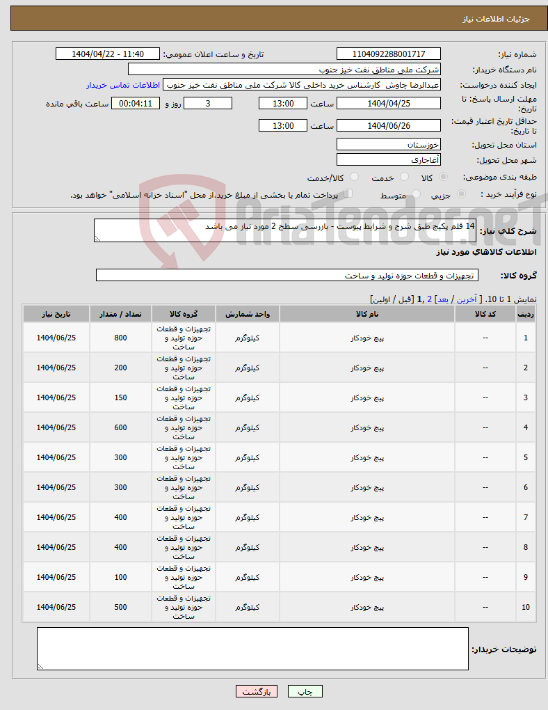 تصویر کوچک آگهی نیاز انتخاب تامین کننده-14 قلم پکیچ طبق شرح و شرایط پیوست - بازرسی سطح 2 مورد نیاز می باشد