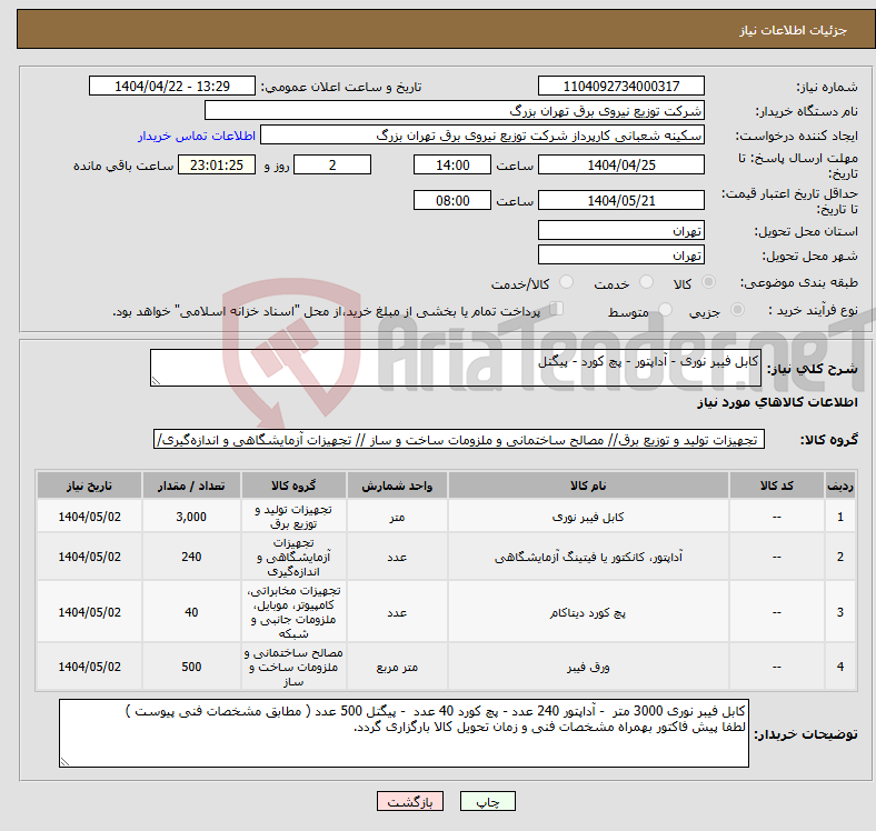 تصویر کوچک آگهی نیاز انتخاب تامین کننده-کابل فیبر نوری - آداپتور - پچ کورد - پیگتل