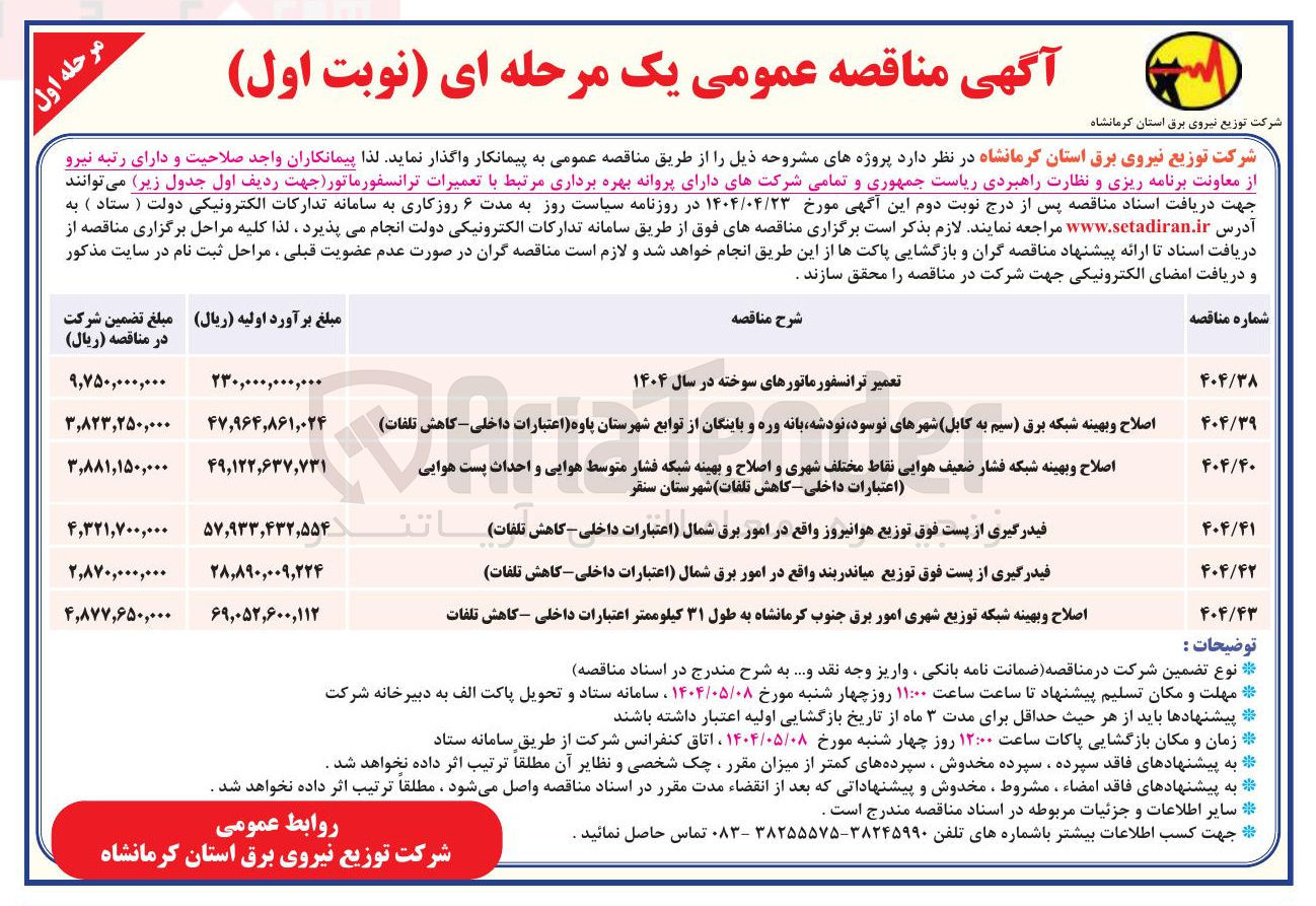 تصویر کوچک آگهی فیدرگیری از پست فوق توزیع میاندربند واقع در امور برق شمال اعتبارات داخلی - کاهش تلفات 
