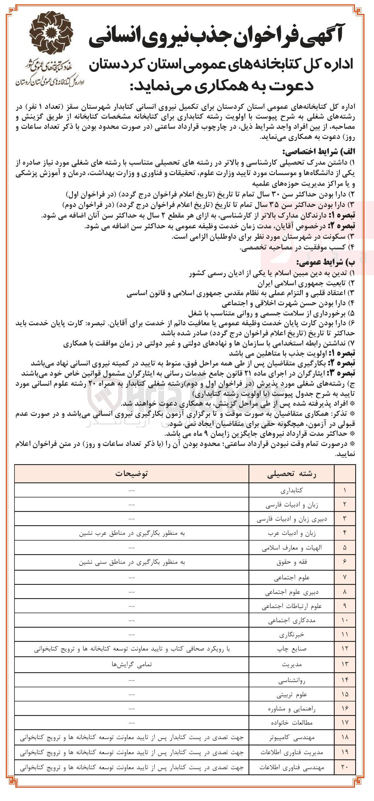 تصویر کوچک آگهی جذب نیروی انسانی کتابدار ( تعداد ۱ نفر ) 
