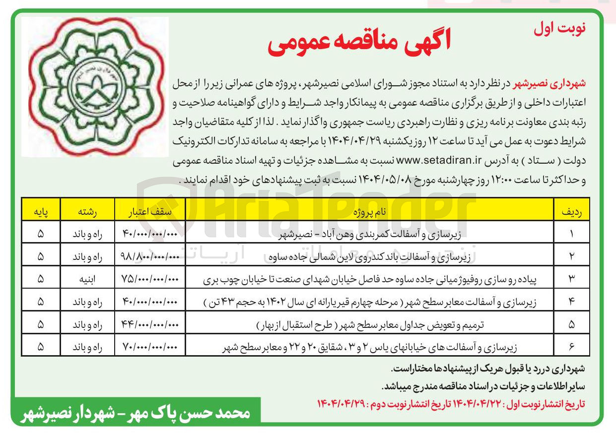 تصویر کوچک آگهی زیرسازی و آسفالتهای خیابانها و معابر سطح شهر 
