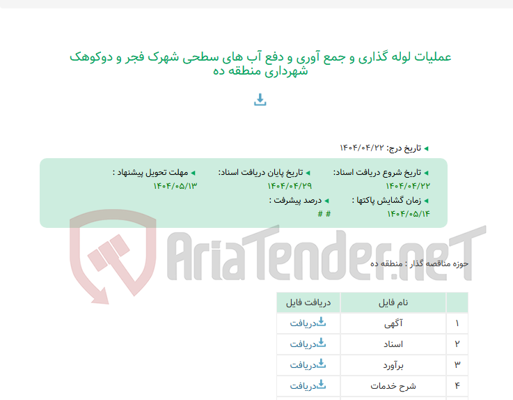 تصویر کوچک آگهی عملیات لوله گذاری و جمع آوری و دفع آب های سطحی شهرک فجر و دوکوهک شهرداری منطقه ده