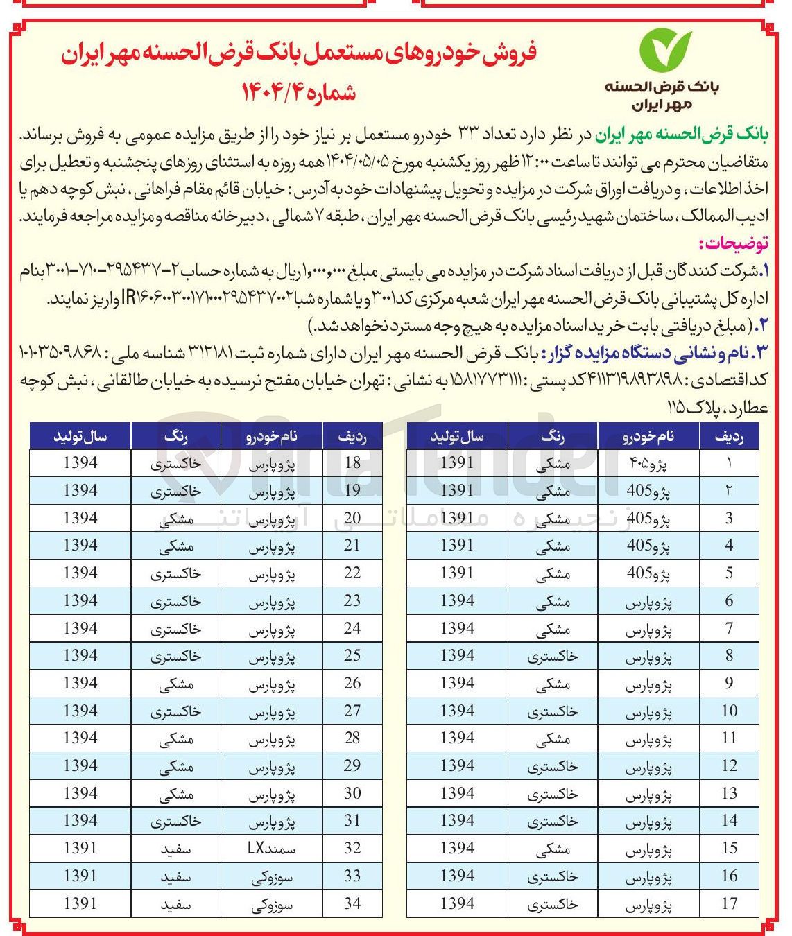تصویر کوچک آگهی فروش تعداد ۳۳ خودرو مستعمل 