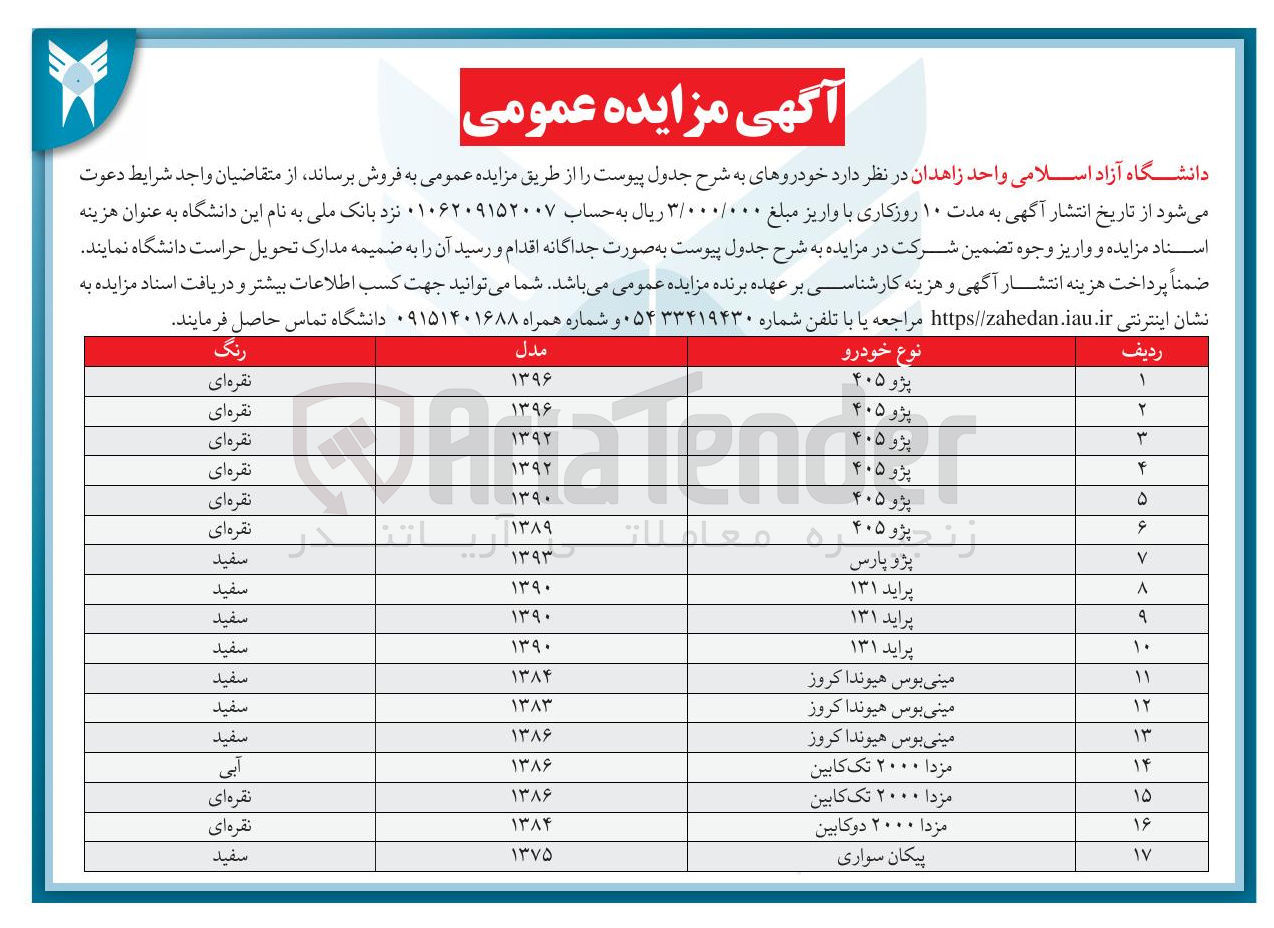 تصویر کوچک آگهی فروش 17 خودرو پژو 405 - پژو پارس - پراید 131 - مینی بوس هیوندا کروز - مزدا 2000 تک کابین - پیکان سواری 