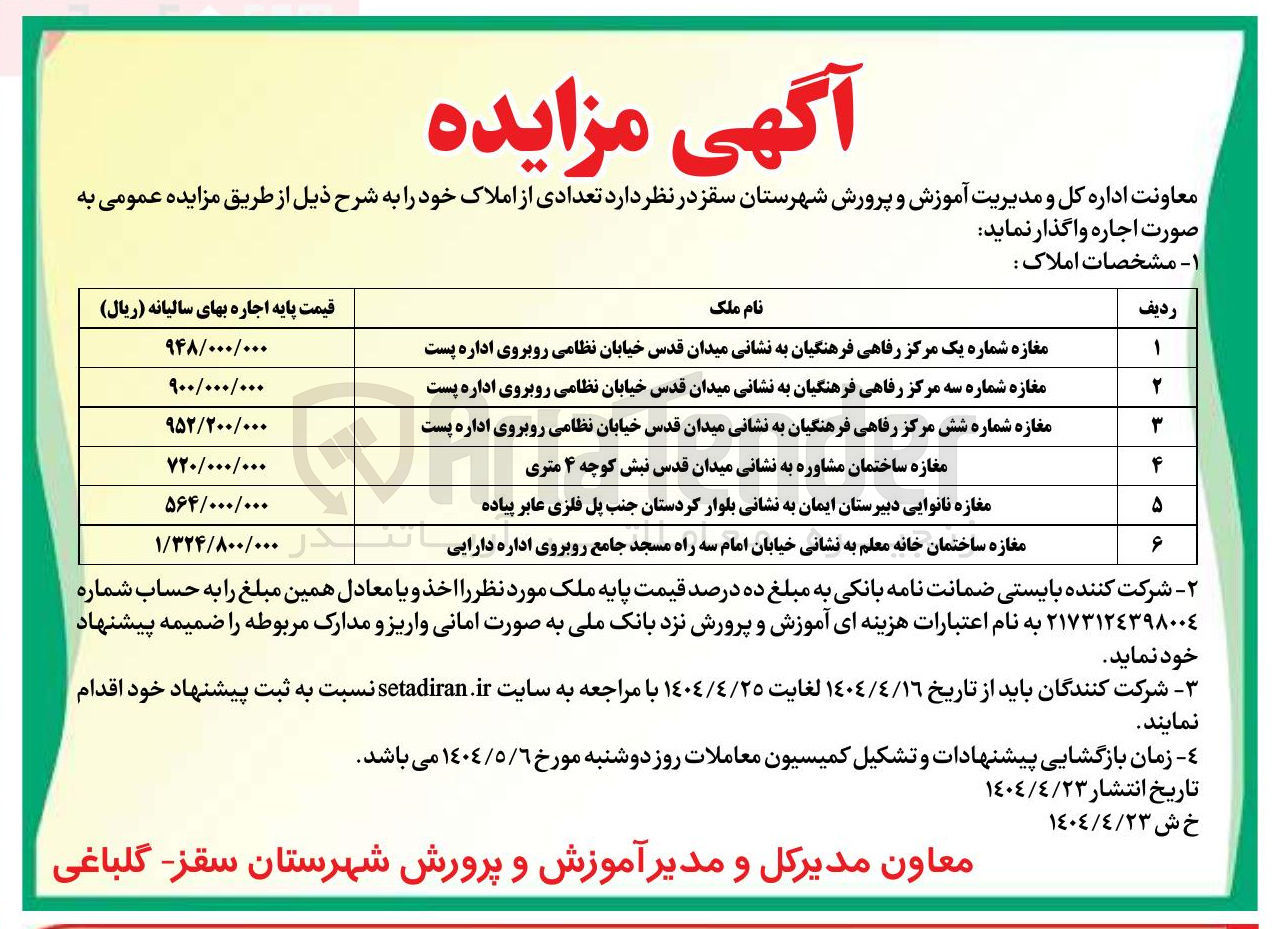 تصویر کوچک آگهی اجاره تعدادی از املاک در 6 ردیف با کاربری تجاری