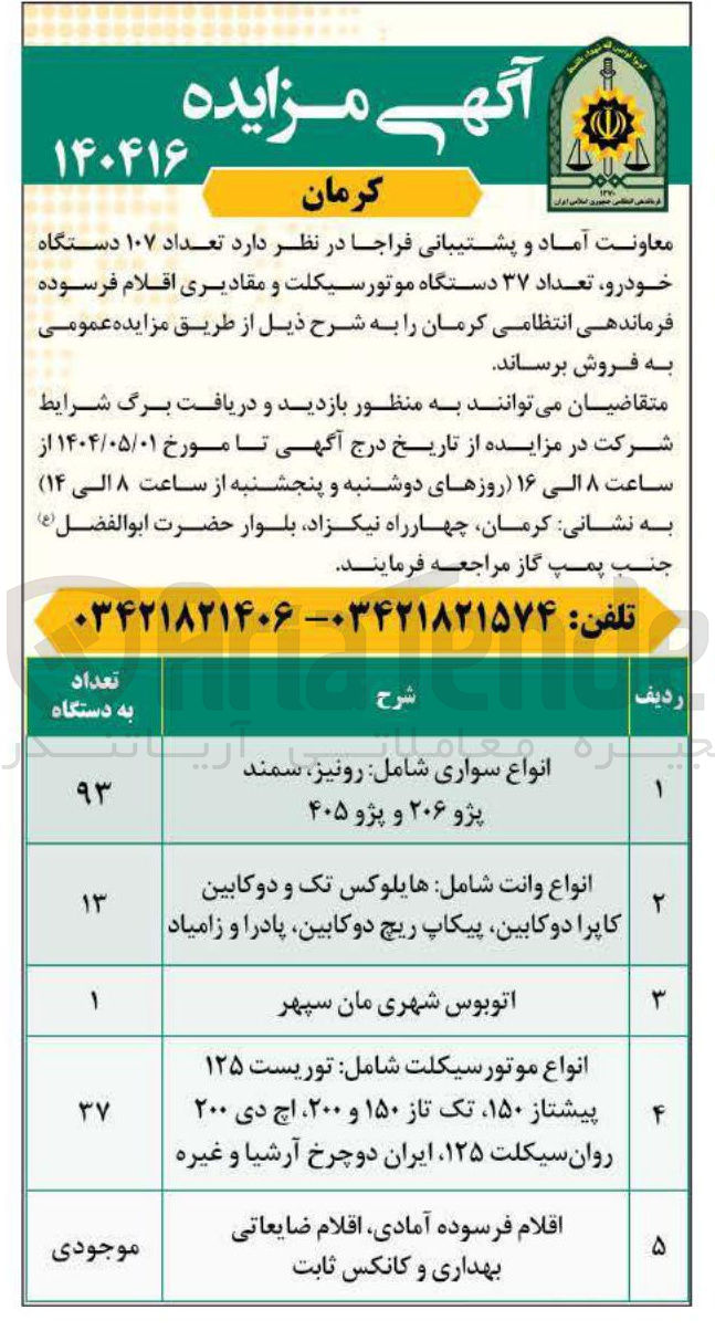 تصویر کوچک آگهی فروش تعداد ۱۰۷ دستگاه خودرو تعداد ۳۷ دستگاه موتورسیکلت و مقادیری اقلام فرسوده