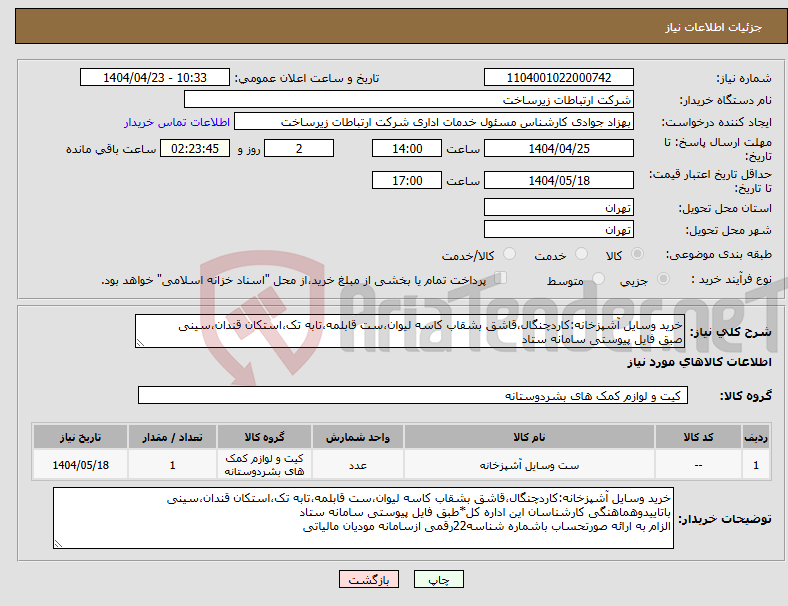 تصویر کوچک آگهی نیاز انتخاب تامین کننده-خرید وسایل آشپزخانه:کاردچنگال،قاشق بشقاب کاسه لیوان،ست قابلمه،تابه تک،استکان قندان،سینی صبق فایل پیوستی سامانه ستاد
