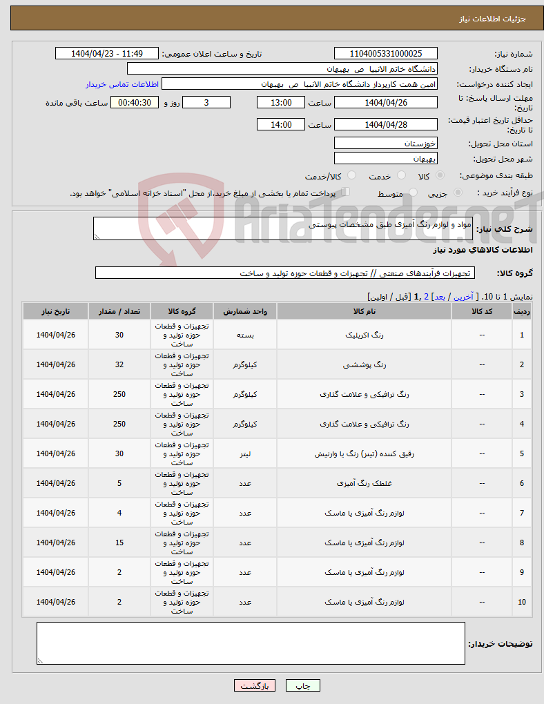 تصویر کوچک آگهی نیاز انتخاب تامین کننده-مواد و لوازم رنگ آمیزی طبق مشخصات پیوستی