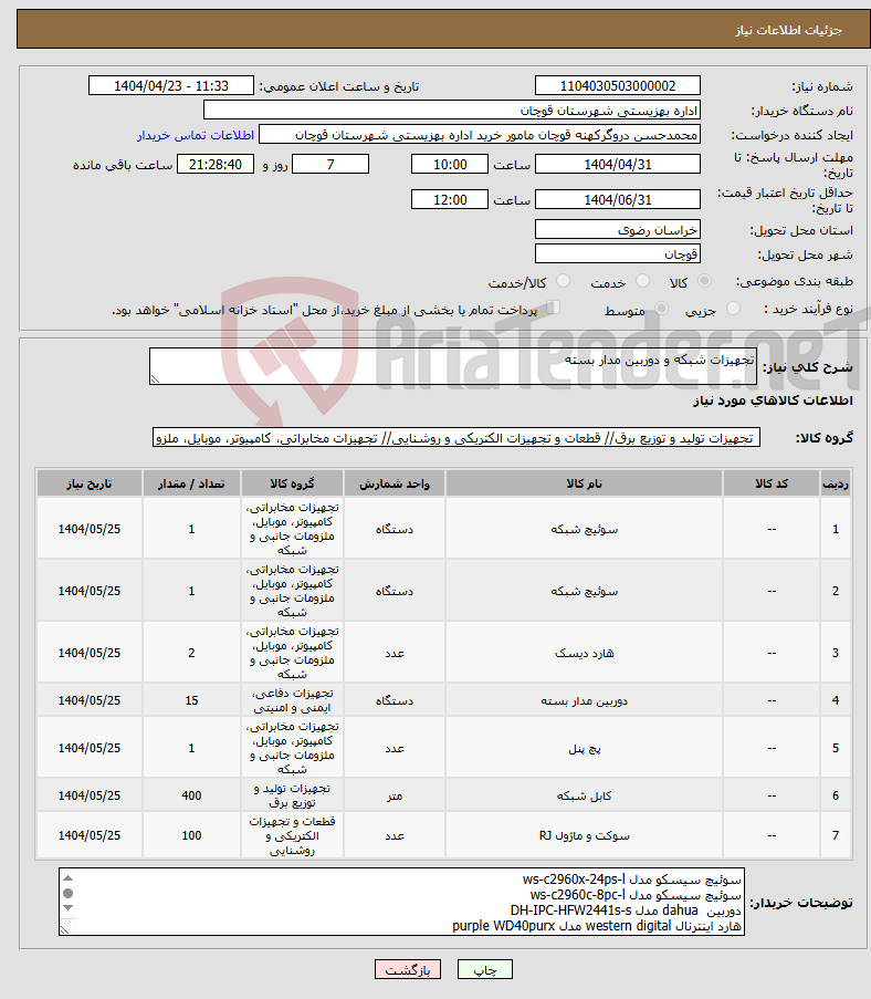 تصویر کوچک آگهی نیاز انتخاب تامین کننده-تجهیزات شبکه و دوربین مدار بسته