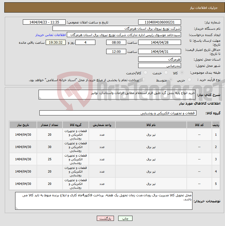 تصویر کوچک آگهی نیاز انتخاب تامین کننده-خرید انواع پایه بتنی گرد طبق فرم استعلام مطابق الزامات واستاندارد توانیر