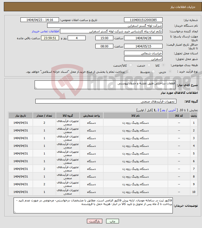 تصویر کوچک آگهی نیاز انتخاب تامین کننده-قطعات ساختنی طبق نقشه و جدول پیوستی