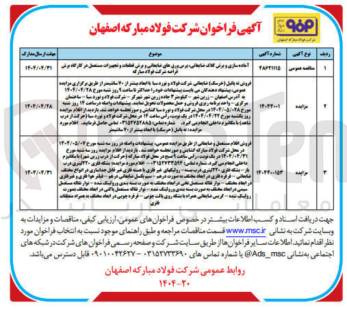 تصویر کوچک آگهی آماده سازی و برش کلاف ، ضایعاتی پرس ورق های ضایعاتی و برش تعلمات و تجهیزات مستعمل در کارگاه برش قراضه شرکت فولاد مبارکه 
