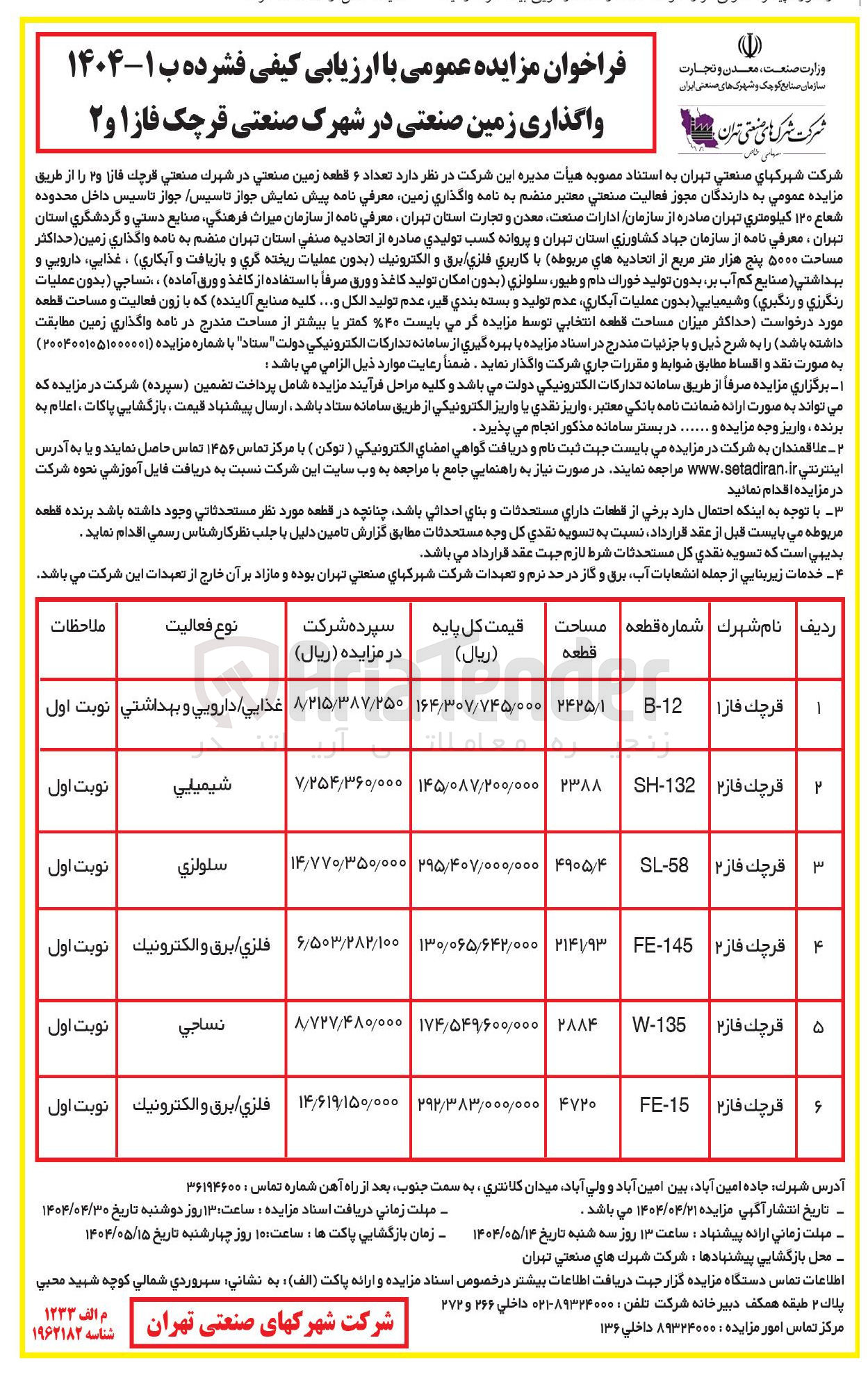 تصویر کوچک آگهی عداد 6 قطعه زمین صنعتی در شهرک صنعتی
