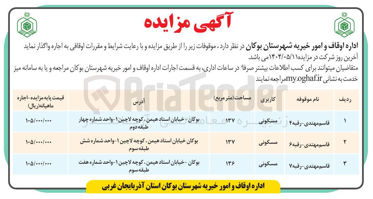 تصویر کوچک آگهی فروش موقوفات در 3 ردیف با کاربری مسکونی