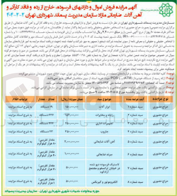 تصویر کوچک آگهی فروش اموال و دارائیهای فرسوده خارج از رده و فاقد کارآنی و آهن آلات ضایعاتی مازاد (ابزارآلات - رایانه و مخابرات - تجهیزات اداری - جاروب - آهن آلات ضایعاتی - سرند ضایعاتی - لاستیک فرسوده دپو شده - الکتروموتور و گیربکس)