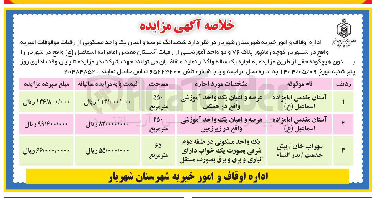 تصویر کوچک آگهی اجاره ششدانگ عرصه و اعیان یک واحد مسکونی از رقبات موقوفات و دو واحد آموزشی از رقبات آستان مقدس امامزاده اسماعیل ( ع ) 