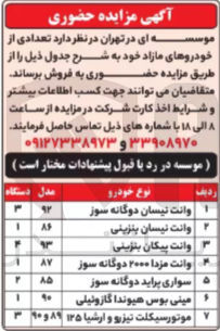 تصویر کوچک آگهی فروش تعدادی از خودروهای مازاد : وانت نیسان دوگانه سوز - وانت نیسان بنزینی - وانت پیکان بنزینی - وانت مزدا ۲۰۰۰ دوگانه سوز و....